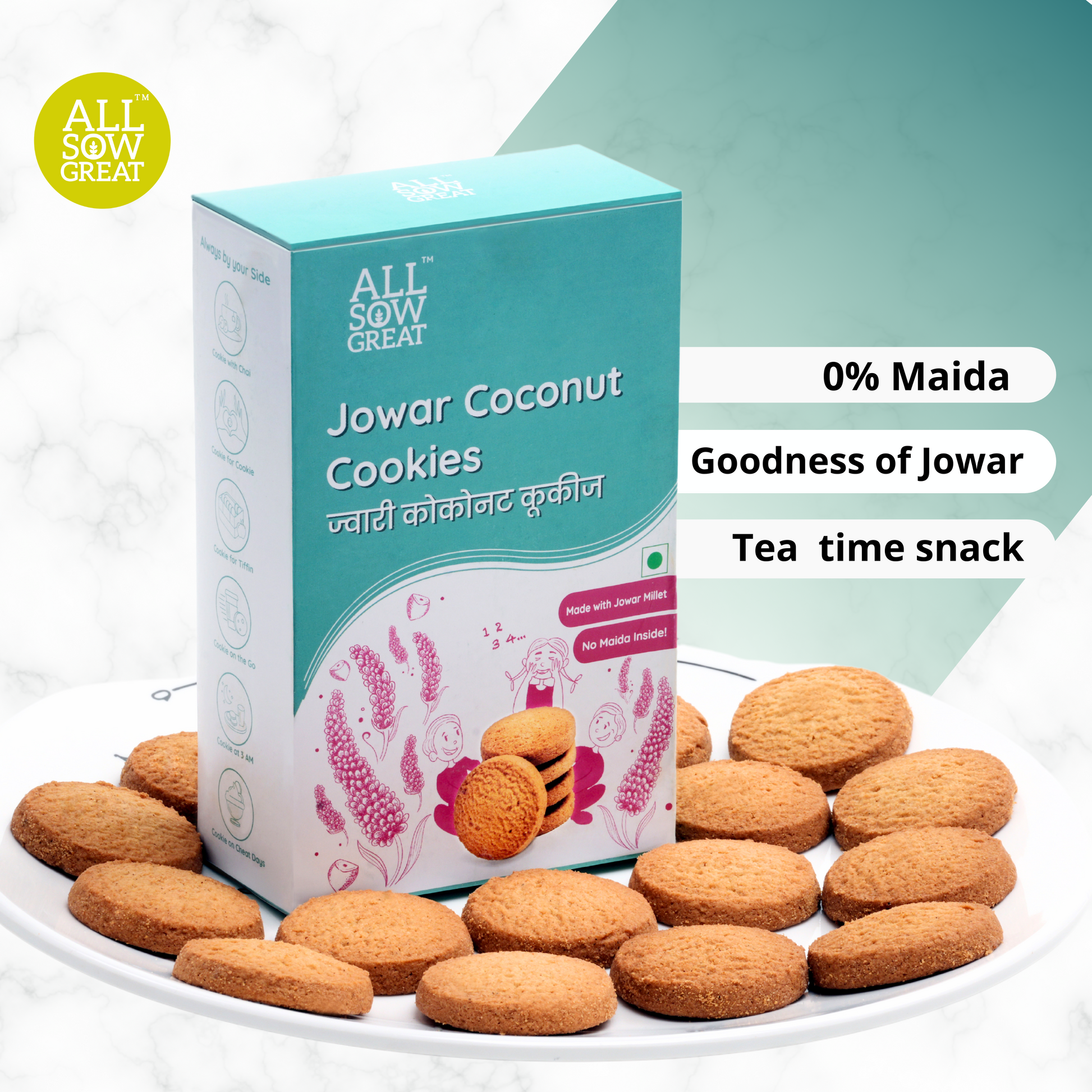 Dish of Jowar Coconut cookies with packet of Jowar Coconut Cookies